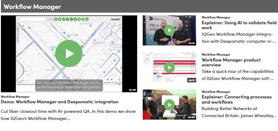 Bildschirmfoto der Workflow Manager , die eine Auswahl von Videos mit Abspielschaltflächen und Text enthält