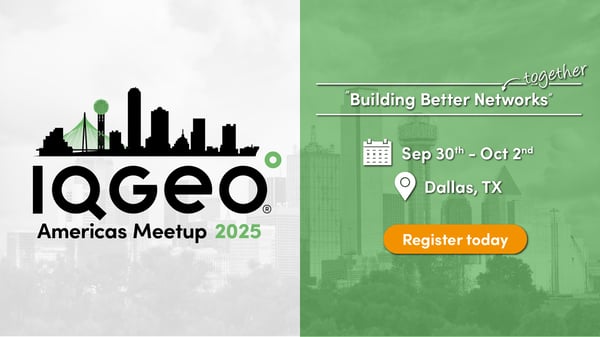 IQGeo Americas Meetup mit Text auf der rechten Seite mit Datum und Ort sowie einer orangefarbenen Aufforderung zur Anmeldung