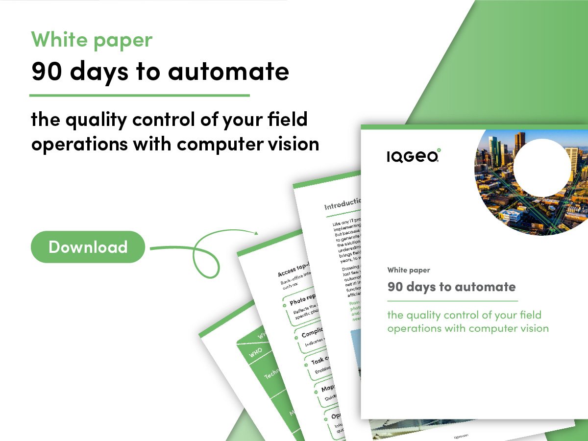 IQGeo-Whitepaper-Promo: "90 Tage bis zur Automatisierung" mit grünem Download-Button und Dokumentenstapel