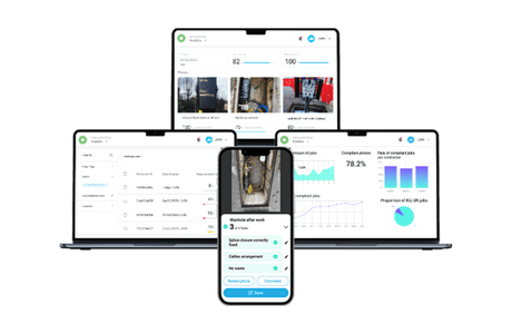 Screenshots von IQGeo NetLux AI auf einem Smartphone, Tablet und Laptop