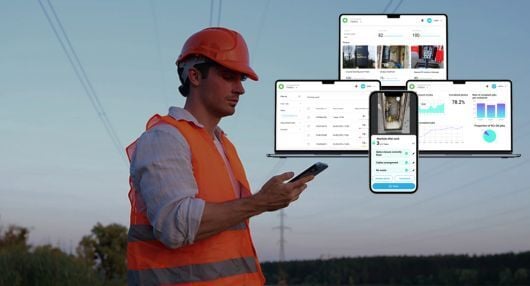 Deepomatic Lens Produkt-Screenshots und Außendienstmitarbeiter mit einem Tablet
