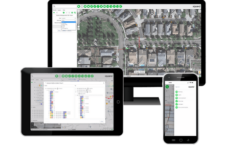 Screenshots des IQGeo- Network Manager Telecom -Produkts auf Desktop, Tablet und Smartphone