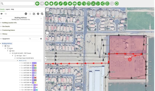 Screenshot Network Manager Telecom „IQGeo Network Manager Telecom , das zur Verwaltung von Glasfasernetz-Assets dient 