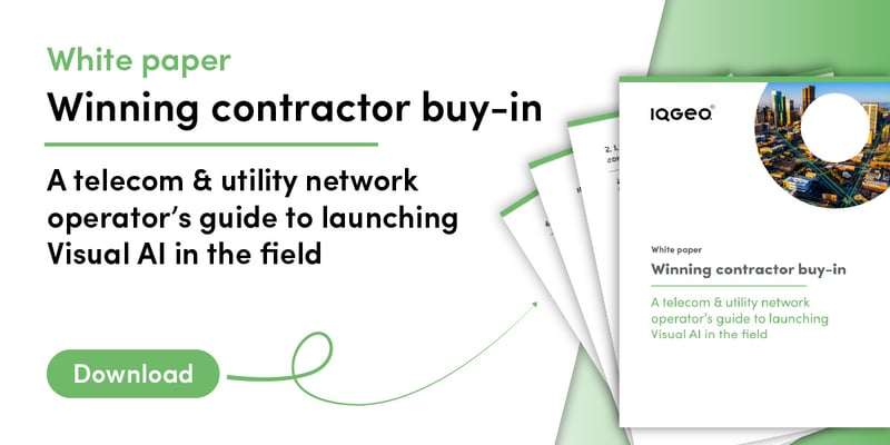 Werbegrafik für das Whitepaper "Win Contractor Buy In" zur Einführung von visueller KI im Feld für Telekommunikations- und Versorgungsunternehmen. 