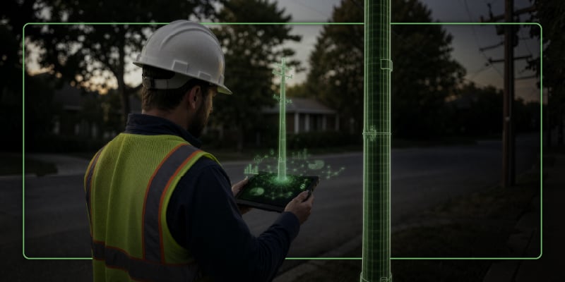 Ein Außendienstmitarbeiter eines Versorgungsunternehmens in einer Warnweste und einem Schutzhelm bedient in der Abenddämmerung ein Tablet, auf dessen Bildschirm ein leuchtend grünes holografisches Overlay die Daten der Netzinfrastruktur eines nahegelegenen Strommasts visualisiert.
